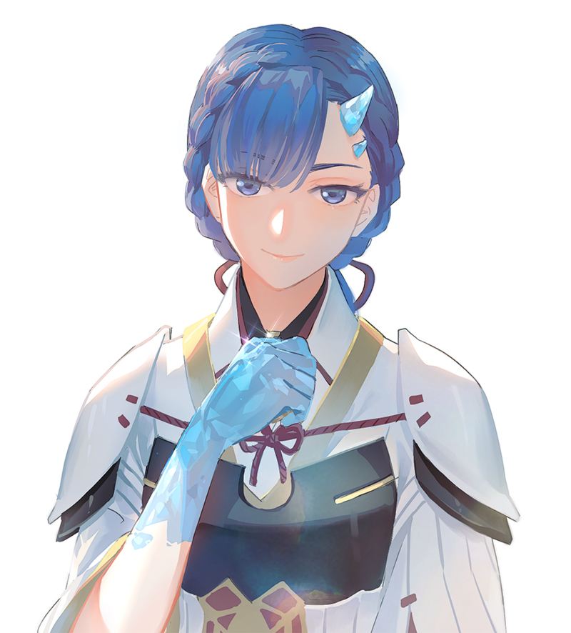 1girl, armor, blue_eyes, blue_hair, braid, breastplate, heavelle, horns