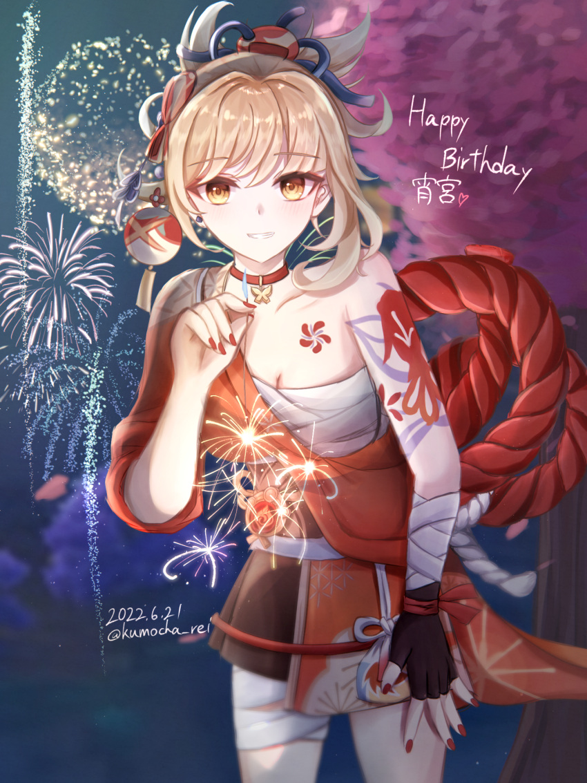 1girl, bandages, bangs, bare_shoulders, belt_collar, black_gloves, blonde_hair, breasts