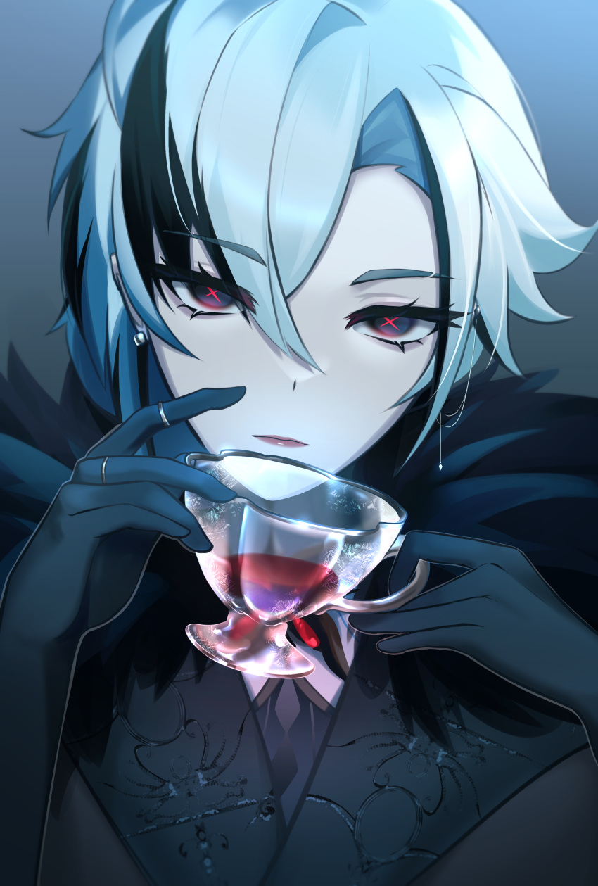 1girl, absurdres, arlecchino_(genshin_impact), bangs, black_eyes, black_gloves, black_hair, coat, cup, elbow_gloves, eyebrows_hidden_by_hair, genshin_impact, glass, gloves, hair_between_eyes, highres, holding, holding_cup, jewelry, looking_at_viewer, mercury_jc, multicolored_hair, piercing, ring, short_hair, solo, upper_body, white_hair
