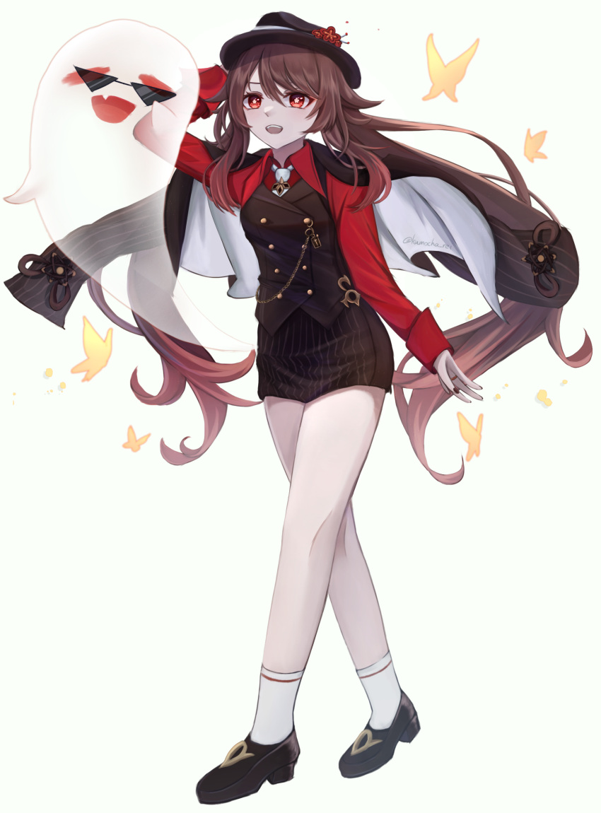 1girl, absurdres, arm_up, bow, brown_hair, coat, coat_on_shoulders, genshin_impact