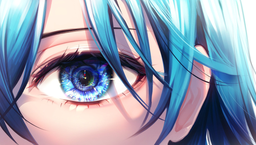 1girl, 58_(opal_00_58), bangs, blue_hair, camera, close-up, commentary, eye_reflection