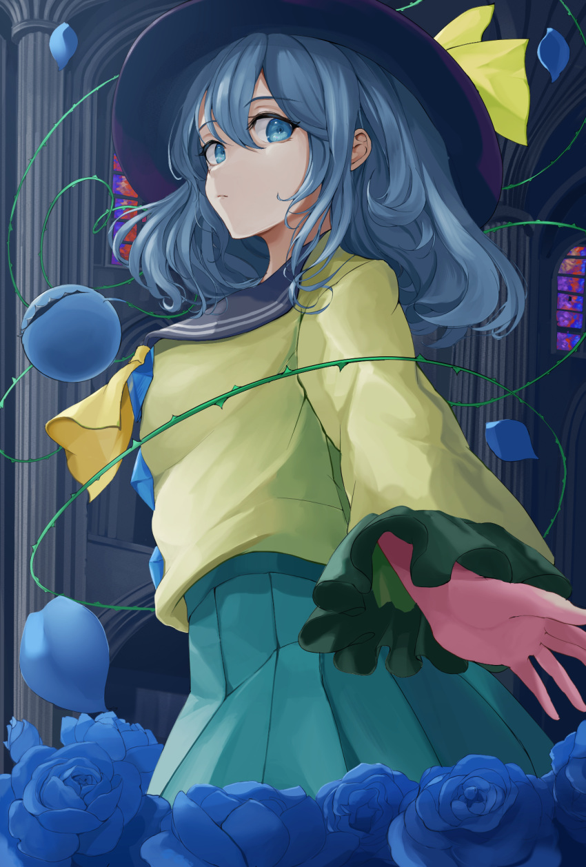 1girl, :/, ascot, bangs, black_headwear, blouse, blue_eyes, blue_flower