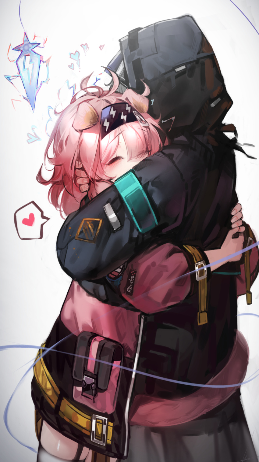 1girl, 1other, ^_^, animal_ears, arknights, black_hairband, black_jacket, cat_ears