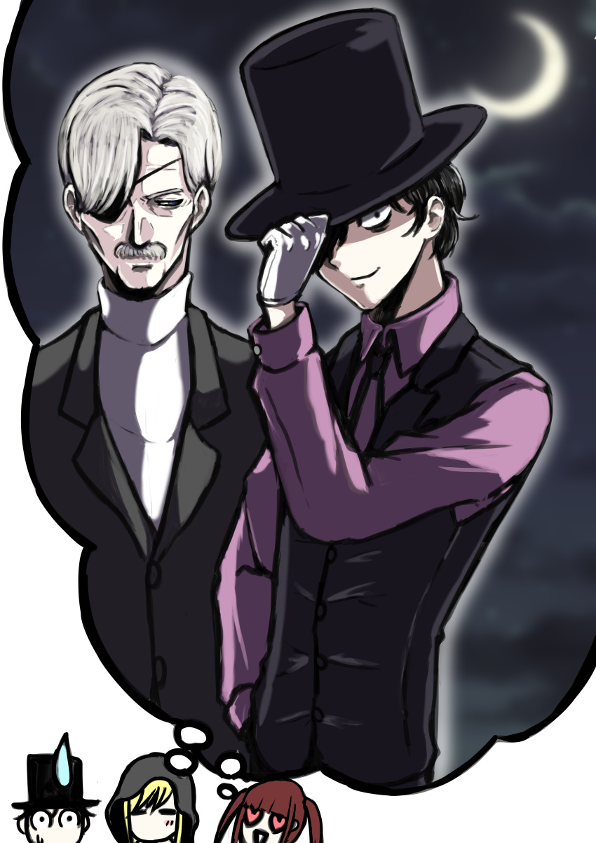 2boys, 2girls, absurdres, adjusting_clothes, adjusting_headwear, alice_lendrott, black_hair, black_headwear