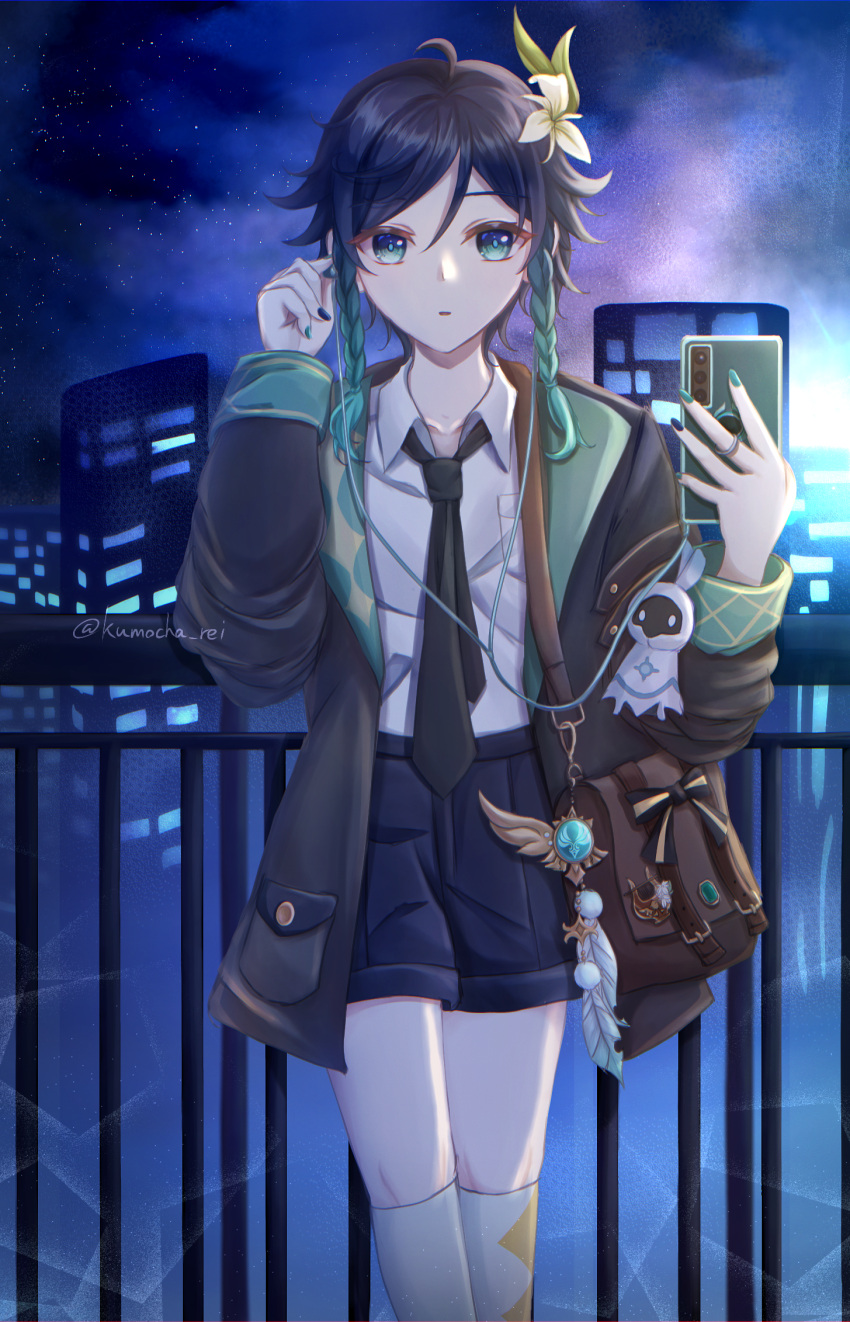 1boy, bangs, barbatos_(genshin_impact), black_hair, braid, contemporary, earphones, eyebrows_hidden_by_hair, fence, flower, formal, genshin_impact, green_eyes, green_hair, hair_between_eyes, hair_flower, hair_ornament, highres, jacket, looking_at_viewer, nail_polish, necktie, night, night_sky, open_mouth, reikumozaki, school_uniform, shirt, short_hair, shorts, sky, solo, suit, twintails, venti_(genshin_impact)