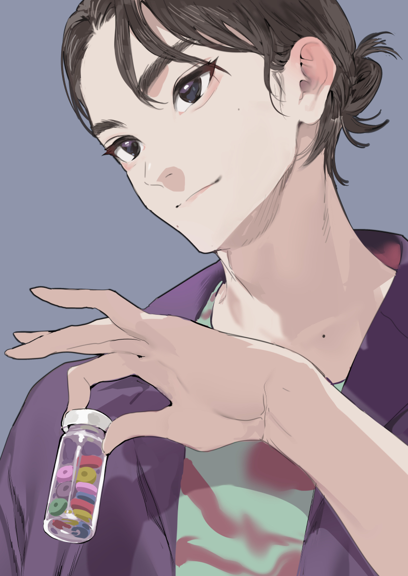1boy, black_eyes, brown_hair, character_request, closed_mouth, green_shirt, grey_background, hair_bun, hand_up, head_tilt, ikuchan_kaoru, jacket, light_smile, male_focus, miu404, mole, mole_on_neck, purple_jacket, shirt, simple_background, single_hair_bun, smile, solo, upper_body