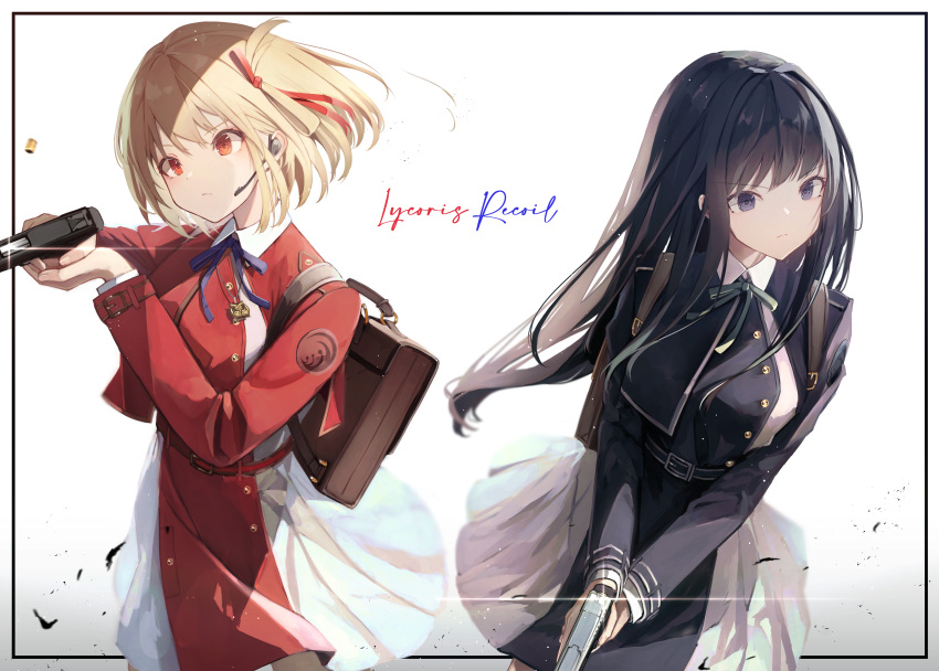 2girls, absurdres, backpack, bag, black_dress, black_hair, blonde_hair, blue_bow, bow, center_axis_relock_stance, closed_mouth, commentary_request, copyright_name, dress, gradient, gradient_background, grey_background, gun, hair_ribbon, handgun, hands_up, headset, highres, holding, holding_gun, holding_weapon, inoue_takina, long_sleeves, lycoris_recoil, lycoris_uniform, m1911, mayogii, multiple_girls, nishikigi_chisato, pleated_dress, red_dress, red_eyes, red_ribbon, ribbon, s&amp;w_m&amp;p, two-handed, two-tone_dress, v-shaped_eyebrows, violet_eyes, weapon, white_background, white_dress