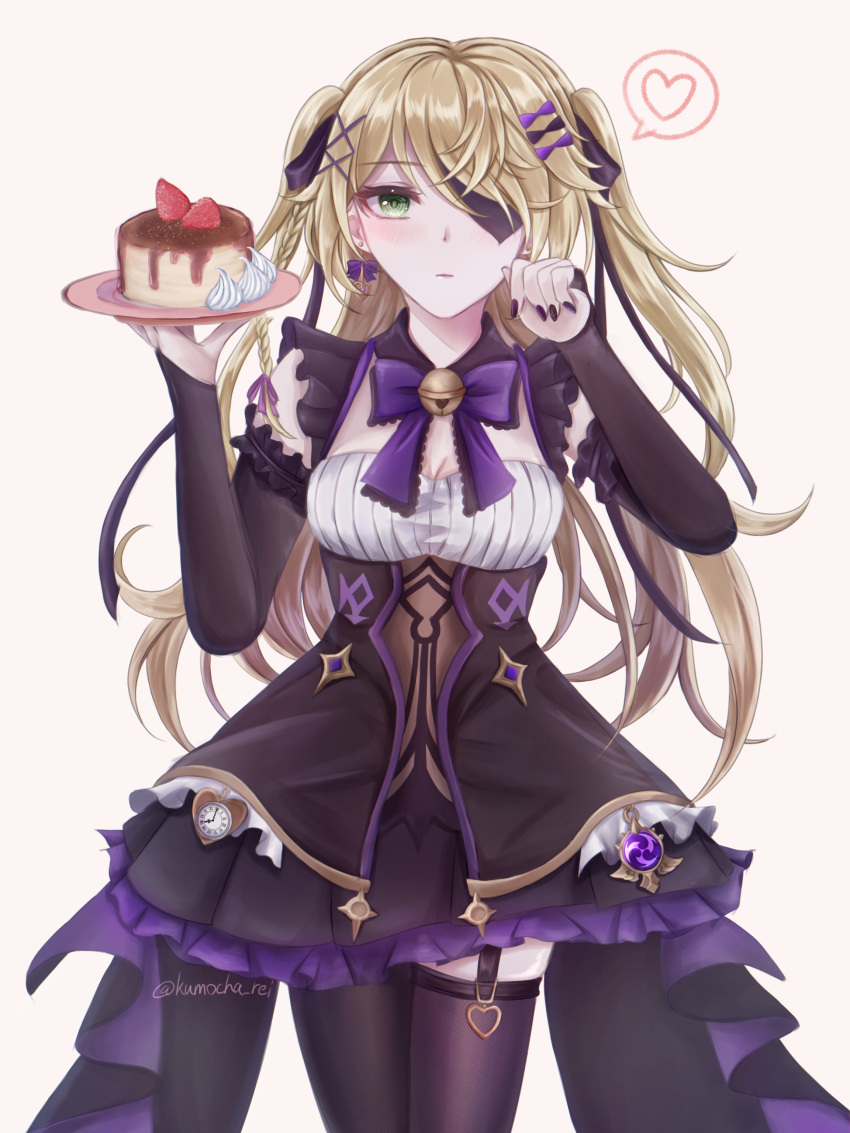1girl, absurdres, bangs, bell, black_gloves, black_thighhighs, blonde_hair, cake