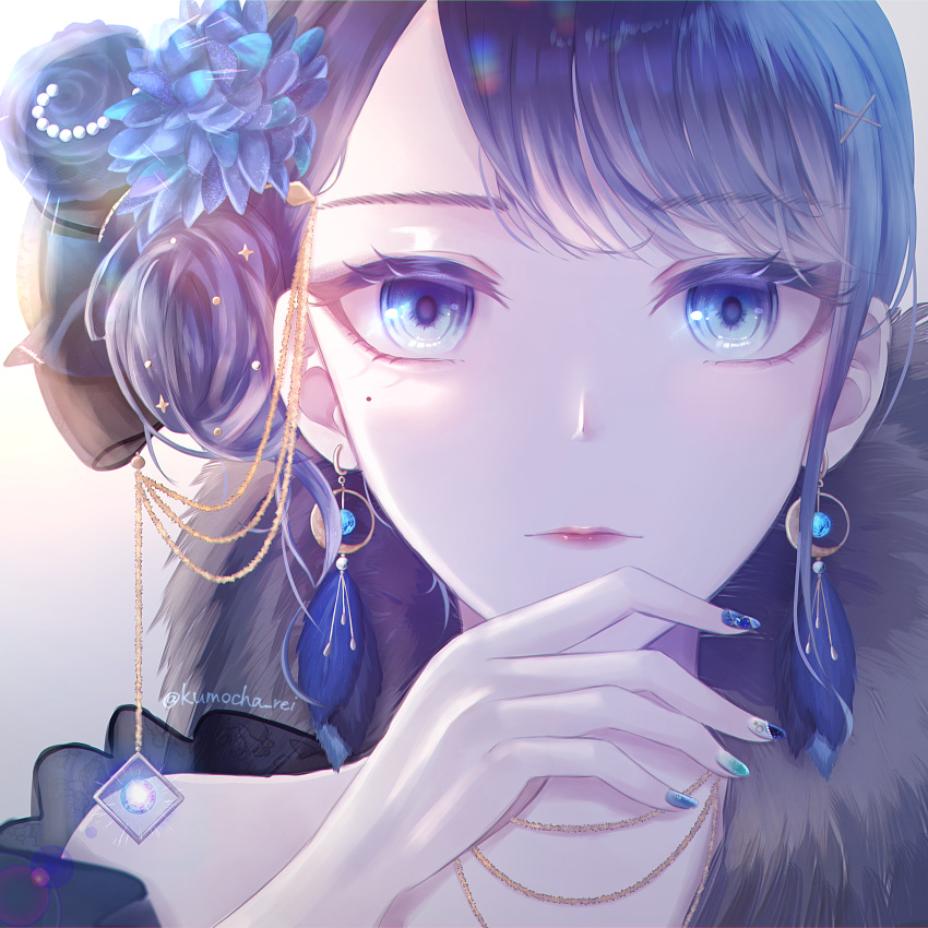1girl, absurdres, bangs, blue_eyes, blue_hair, blue_theme, earrings, eyebrows_hidden_by_hair