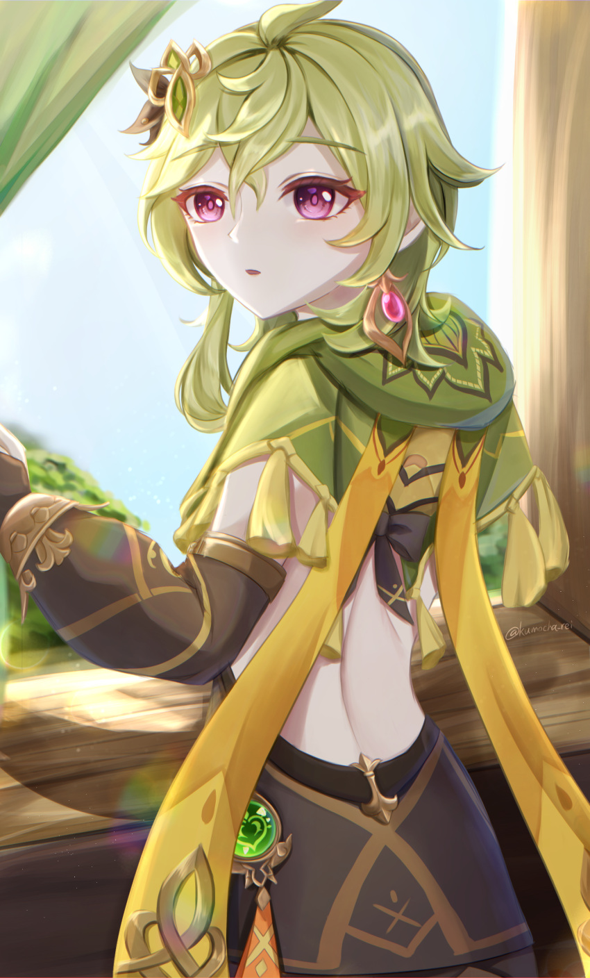1girl, absurdres, back, bangs, collei_(genshin_impact), curtains, earrings, eyebrows_hidden_by_hair