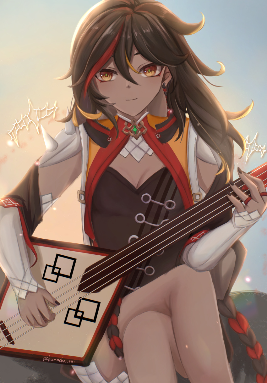 1girl, absurdres, bangs, black_hair, braid, breasts, chinese_clothes, crossed_arms, dark-skinned_female, dark_skin, eyebrows_hidden_by_hair, genshin_impact, guitar, hair_between_eyes, highres, instrument, long_hair, looking_at_viewer, multicolored_hair, music, nail_polish, playing_instrument, redhead, reikumozaki, smile, solo, xinyan_(genshin_impact)
