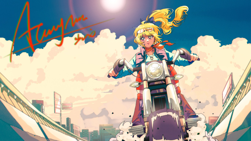 1980s_(style), 1girl, absurdres, aguangman1030, bangs, blonde_hair, blue_jacket, blue_vest, brown_pants, clouds, collarbone, commission, dust, eyewear_on_head, ground_vehicle, highres, jacket, jewelry, motor_vehicle, motorcycle, necklace, nijisanji, nox_(vtuber), nox_official, orange_scarf, pants, red_eyes, retro_artstyle, scarf, side_ponytail, signature, sky, solo, sunglasses, vest, virtual_youtuber, virtuareal