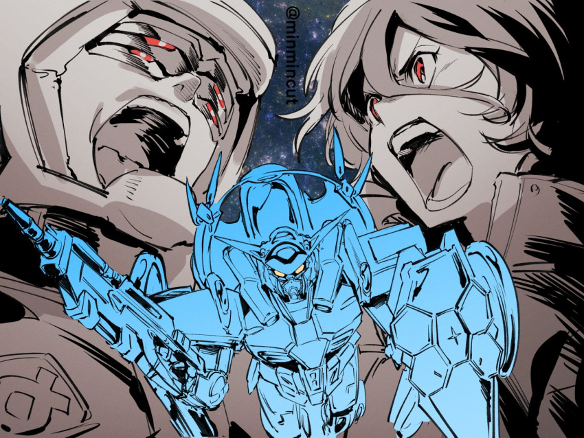 2boys, bangs, beam_rifle, bellri_zenam, chanmura, energy_gun, floating_hair, flying