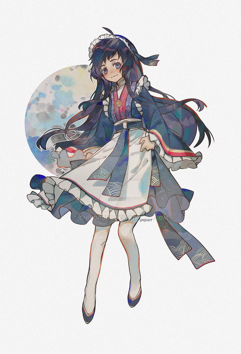 ao_nhat_binh, apron, black_hair, chiyopurr, dress, frilled_dress, frills, highres