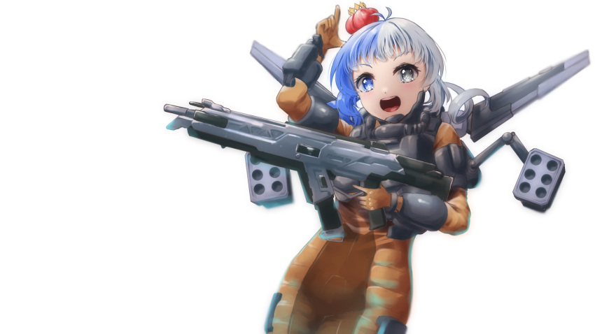 1girl, apex_legends, armor, assault_rifle, blue_eyes, blue_hair, bodysuit, breastplate