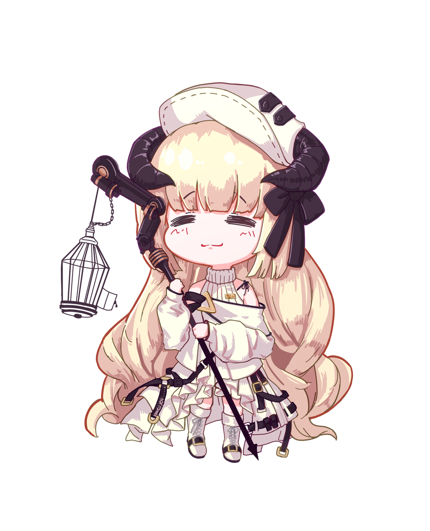 1girl, =_=, ansan_ey, arknights, bangs, bare_shoulders, birdcage, blonde_hair