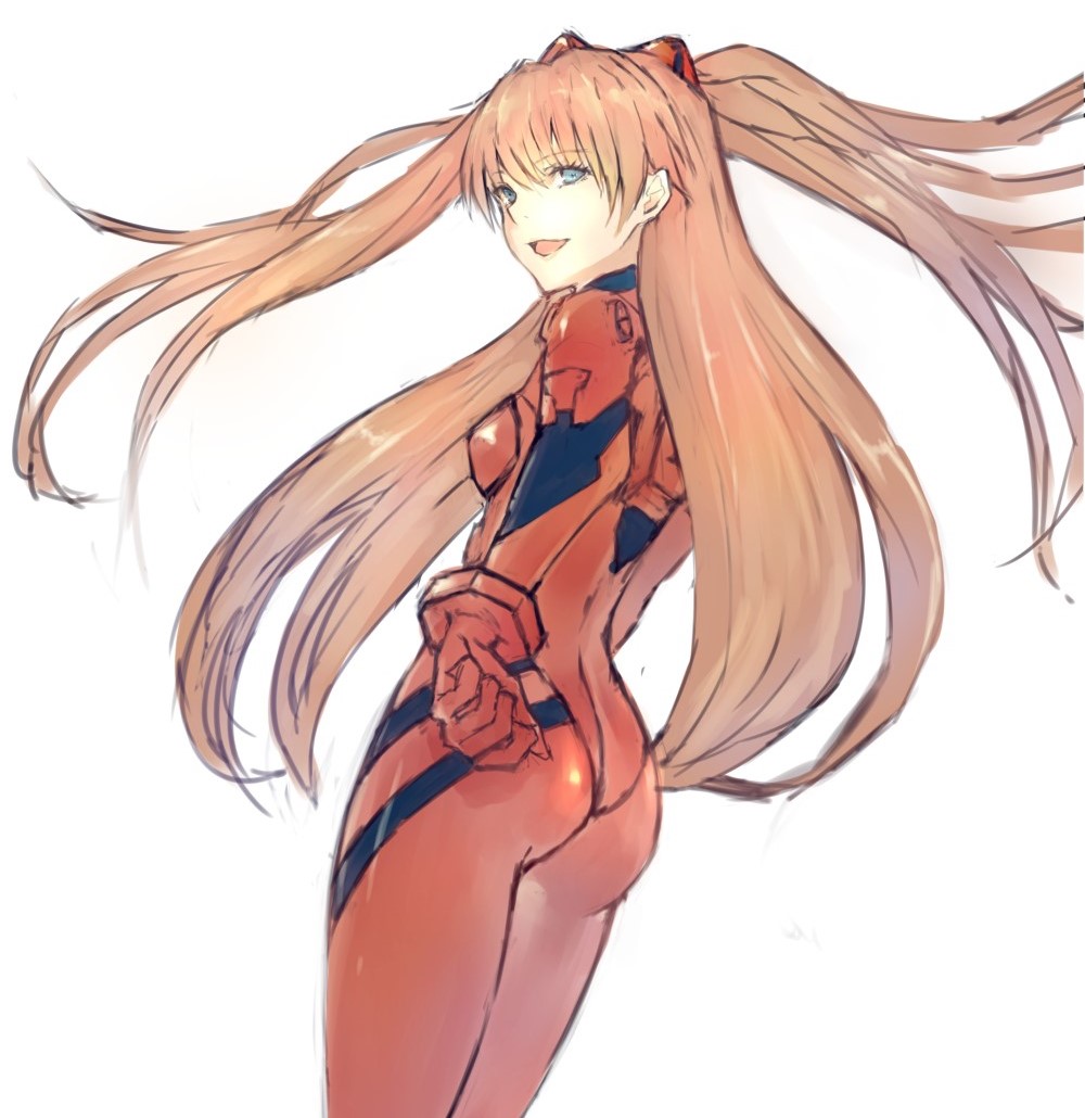 1girl, ass, blue_eyes, bodysuit, brown_hair, from_below, from_side, interface_headset