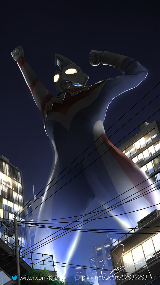 1boy, alien, clenched_hands, from_below, giant, looking_up, male_focus, night
