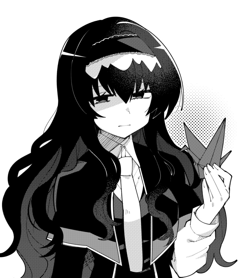 1girl, bangs, capelet, code_geass, code_geass:_lost_stories, collared_shirt, greyscale, hairband