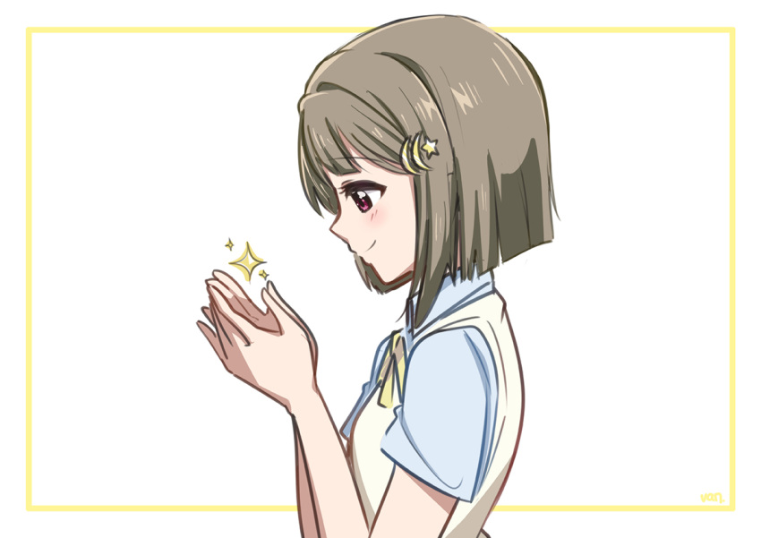 1girl, blue_shirt, closed_mouth, collared_shirt, commentary_request, hands_up, light_brown_hair, love_live!