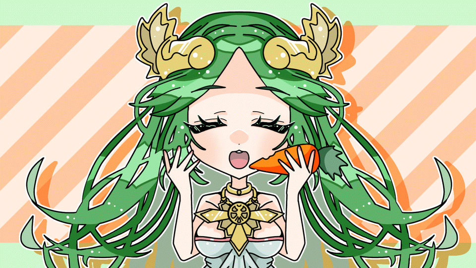 1girl, ;), ^_^, animated_gif, bare_shoulders, carrot, chibi, commissioner_upload, female_solo, green_eyes, green_hair, kid_icarus_uprising, km2neo, large_breasts, looking_at_viewer, matching_hair/eyes, necklace, palutena, parted_bangs, skeb_commission, sleeveless_dress, slideshow, smile, solo, solo_female, strapless_dress, very_long_hair, white_dress, wink