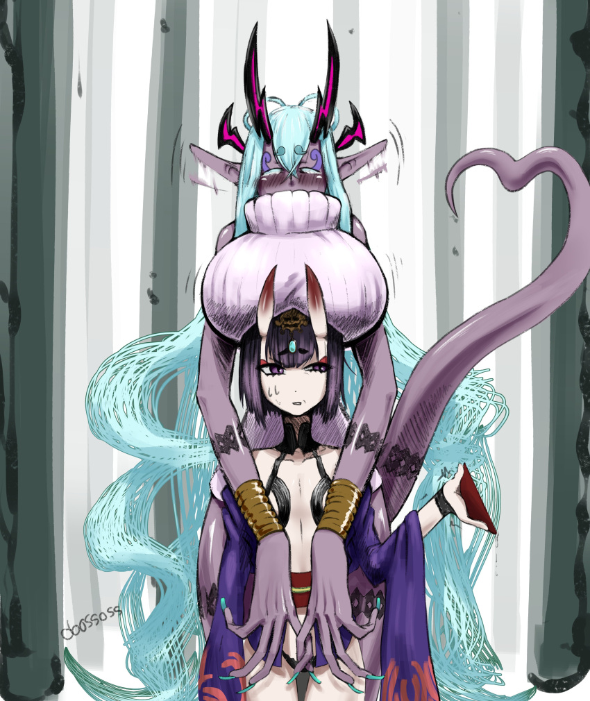 2girls, absurdres, aqua_eyebrows, aqua_hair, aqua_nails, bob_cut, body_markings, breast_rest
