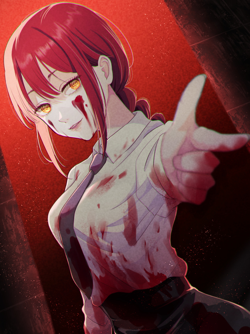 1girl, absurdres, aiming_at_viewer, arm_up, bangs, black_necktie, black_pants, blood