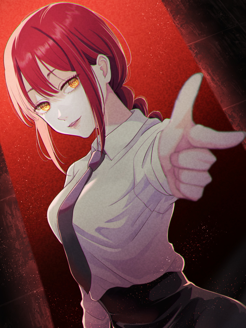 1girl, absurdres, aiming_at_viewer, arm_up, bangs, black_necktie, black_pants, blurry