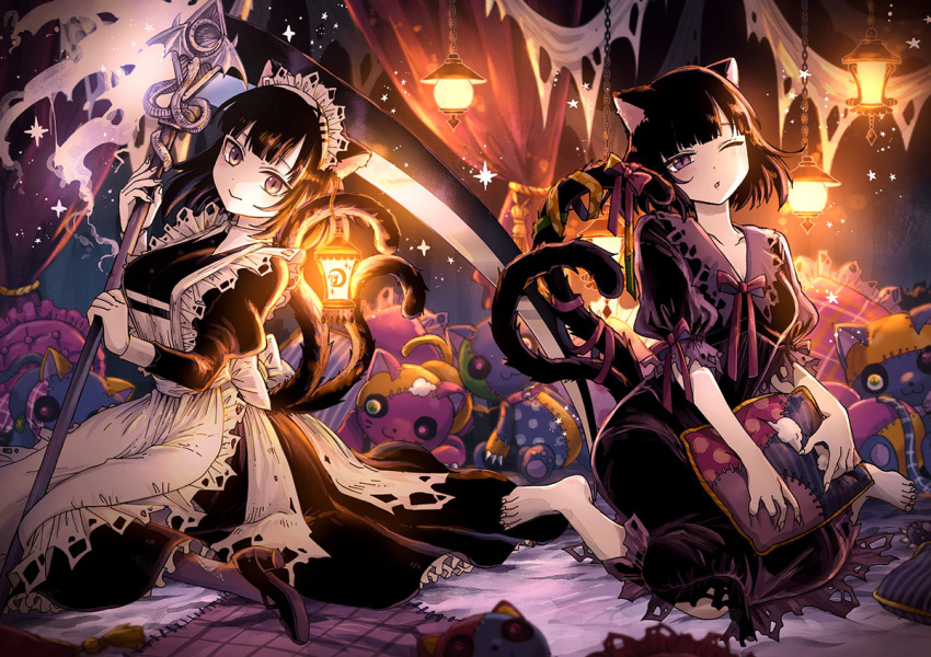 1girl, :o, animal_ears, apron, back_bow, bangs, barefoot, black_hair
