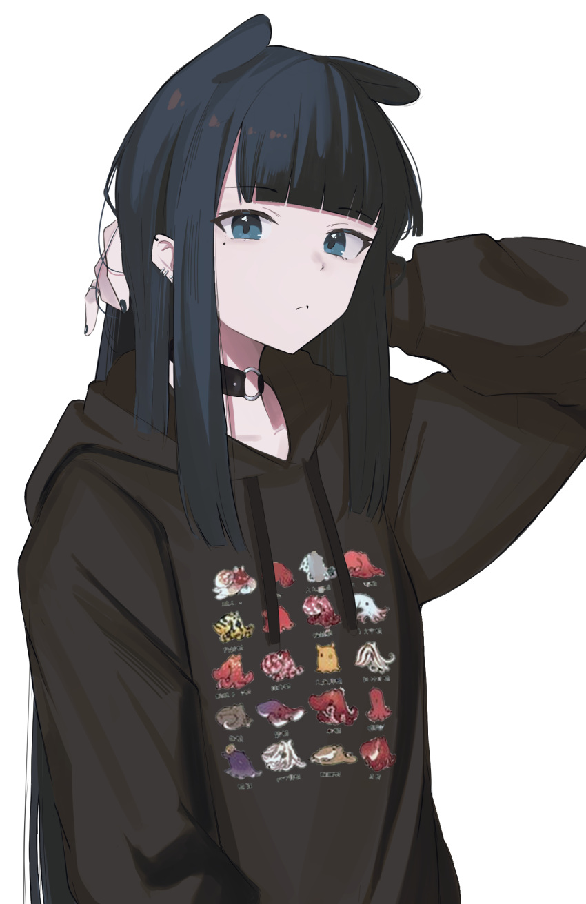 1girl, absurdres, alternate_costume, alternate_eye_color, arm_at_side, arm_behind_head, bangs, black_hair