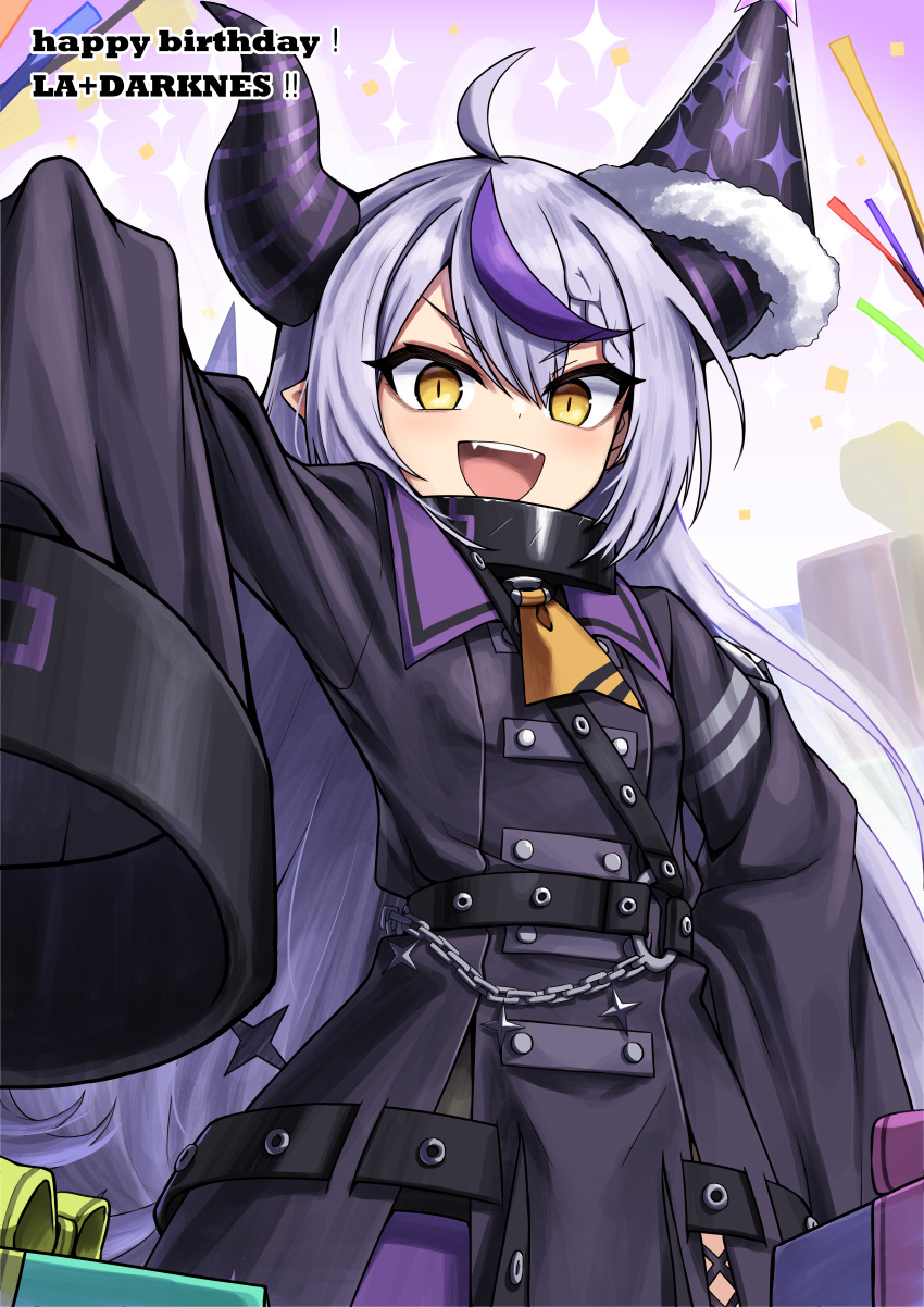1girl, :d, absurdres, ahoge, arm_up, ascot, bangs, birthday, black_coat, black_headwear, black_horns, blush, box, braid, braided_bangs, chain, character_name, coat, collar, commentary_request, confetti, demon_girl, demon_horns, eyelashes, fangs, french_braid, gift, gift_box, gradient, gradient_background, grey_hair, hair_between_eyes, happy_birthday, harness, hat, hat_on_horn, highres, hololive, horns, karadborg, la+_darknesss, long_hair, looking_at_viewer, metal_collar, multicolored_hair, o-ring, open_mouth, outline, party_hat, pointy_ears, purple_background, purple_hair, sidelocks, single_braid, sleeves_past_fingers, sleeves_past_wrists, smile, solo, sparkle, standing, streaked_hair, streamers, striped_horns, teeth, upper_teeth, v-shaped_eyebrows, very_long_hair, very_long_sleeves, virtual_youtuber, yellow_ascot, yellow_eyes