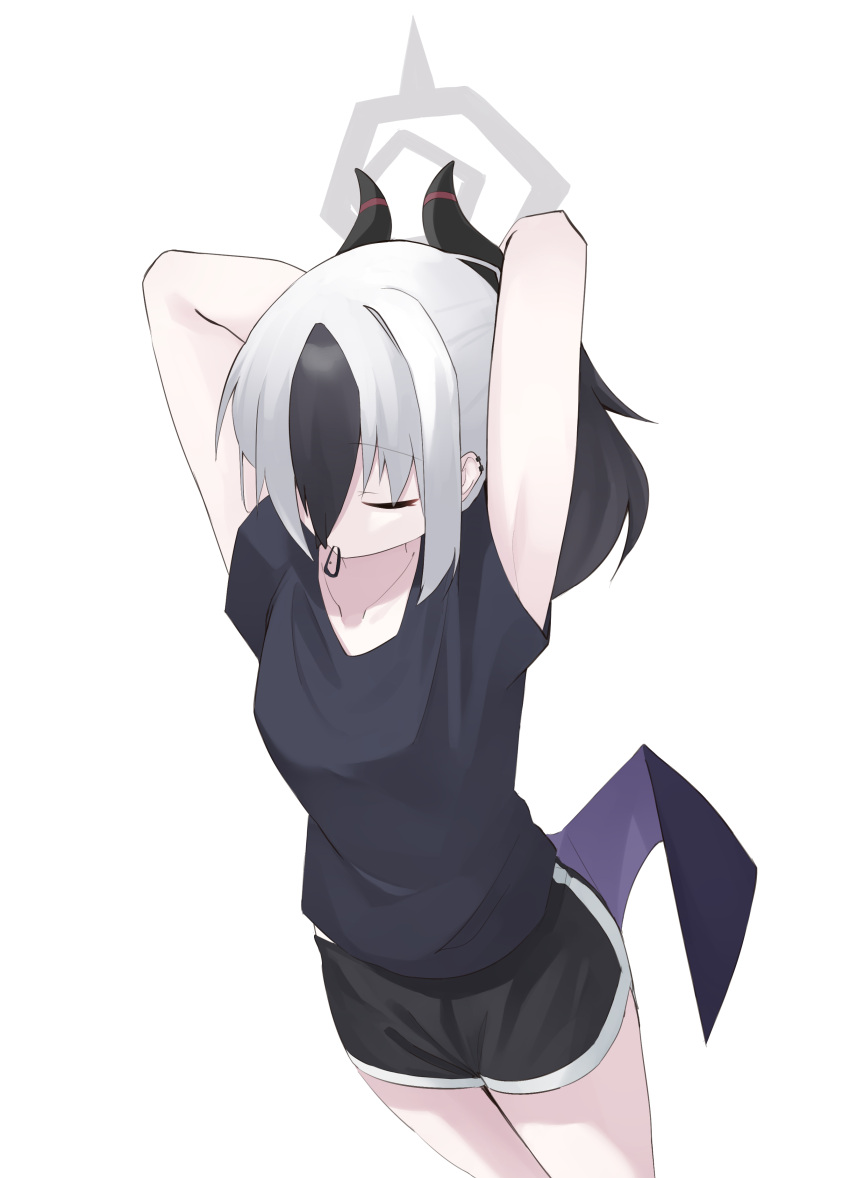 1girl, absurdres, bangs, black_hair, black_shirt, black_shorts, blue_archive, collarbone