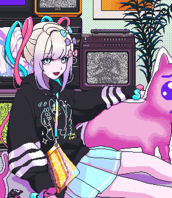1girl, :d, aqua_bow, aqua_eyes, aqua_skirt, bangs, bare_legs, black_hoodie