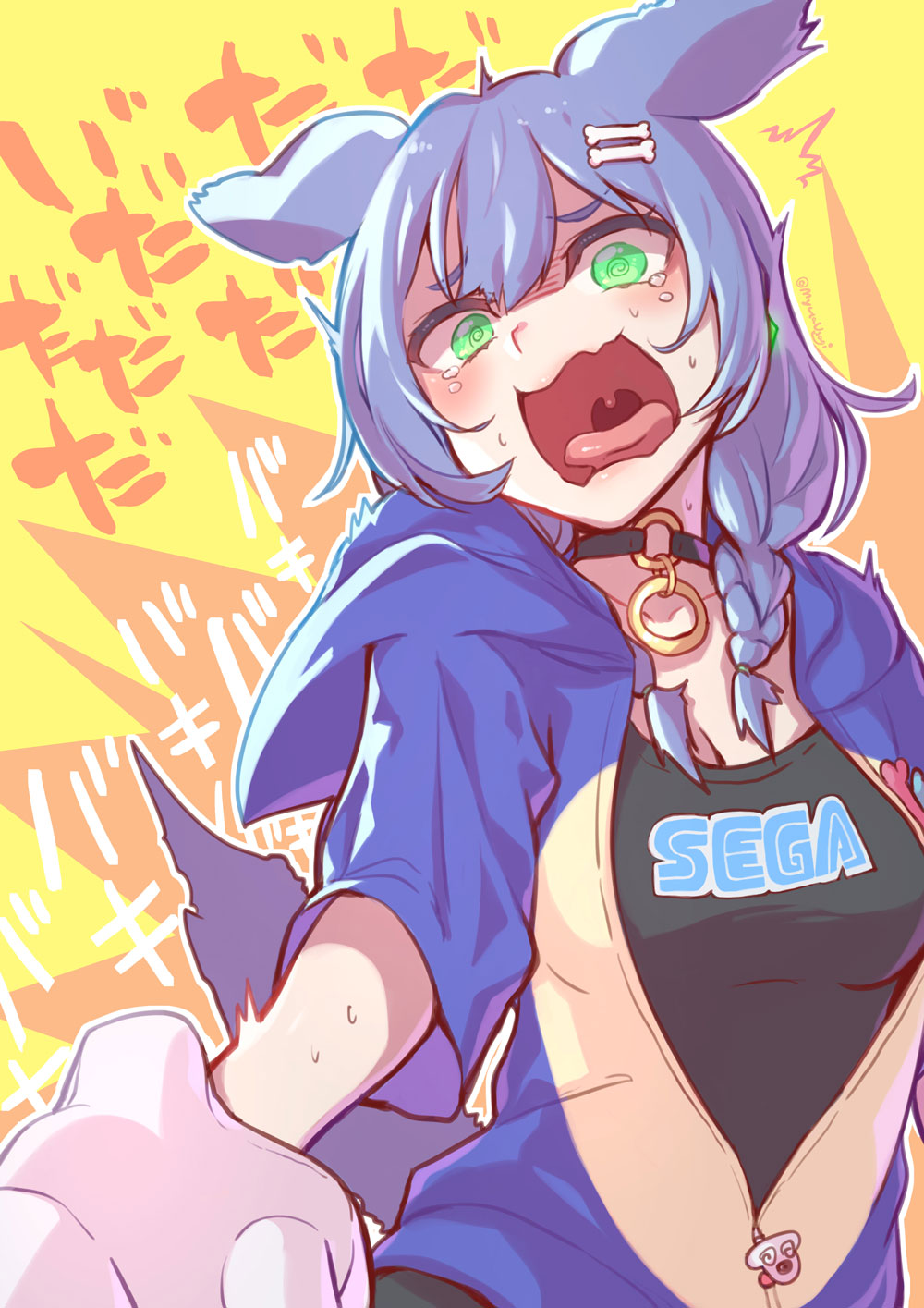 1boy, 1girl, @_@, alternate_eye_color, alternate_hair_color, animal_ears, black_shirt, blue_hair