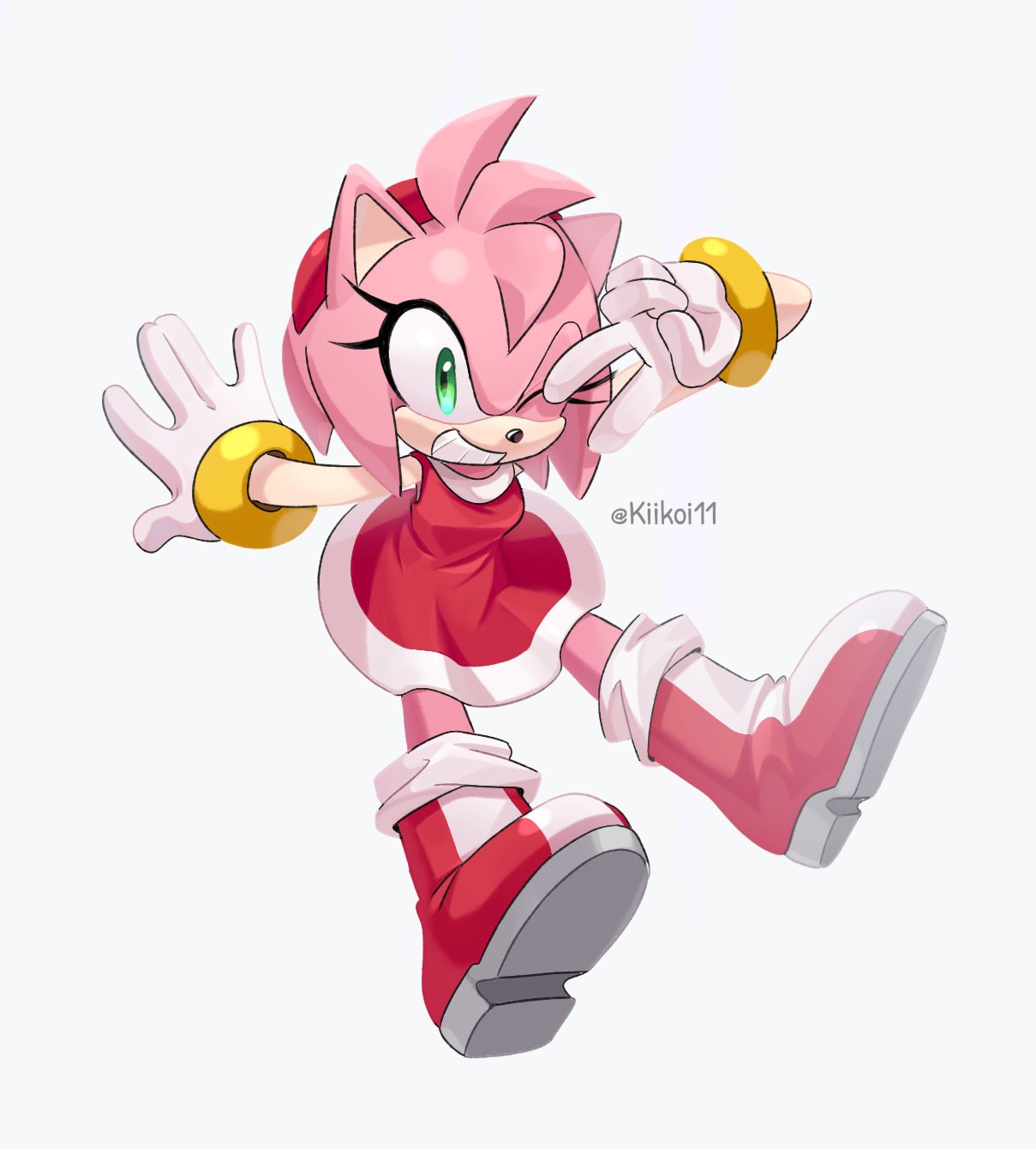 1girl, amy_rose, animal_nose, boots, commentary, dress, english_commentary, furry