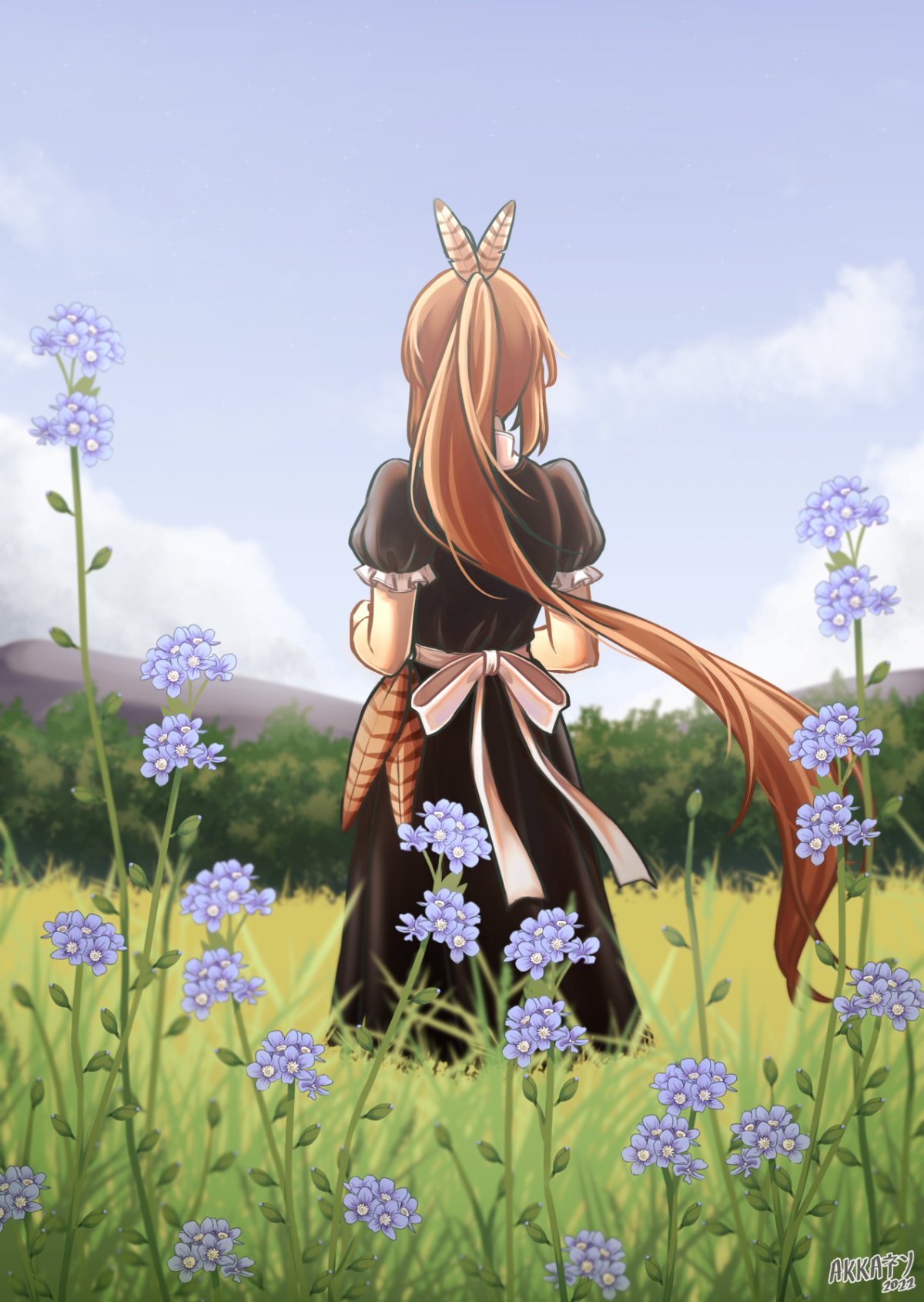 1girl, ahoge, akkanen, black_dress, brown_eyes, brown_hair, clouds, cloudy_sky