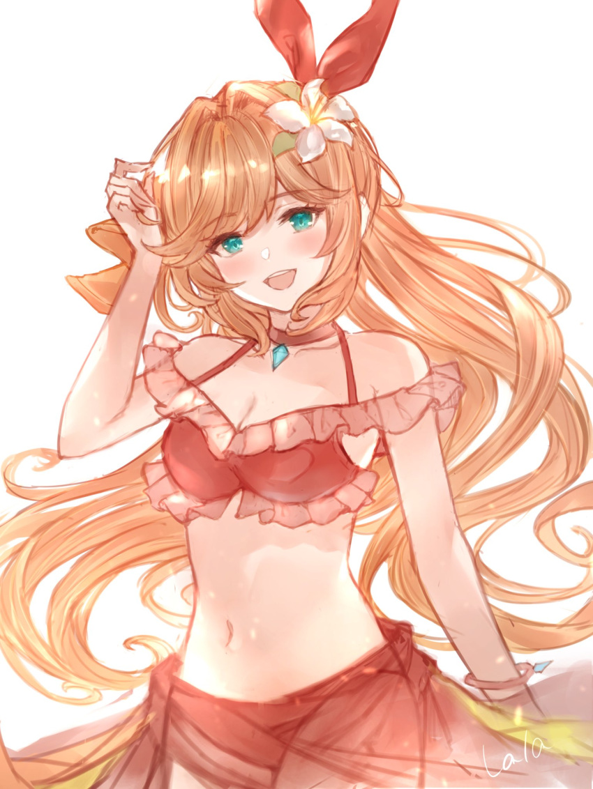 1girl, artist_name, bikini, blonde_hair, blush, bracelet, breasts, character_request, cowboy_shot, flower, frilled_bikini, frills, granblue_fantasy, green_eyes, hair_flower, hair_ornament, highres, jewelry, lala_(0915_yu), long_hair, medium_breasts, navel, sarashi, smile, solo, swimsuit, teeth, thighs, upper_teeth, white_background