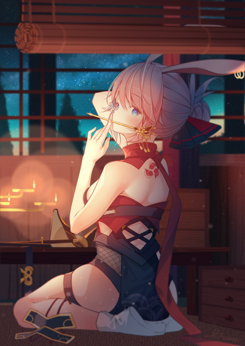 1girl, absurdres, animal_ears, armor, back, bangs, blue_hair, candle, earrings, fox_ears, full_body, hair_bun, hair_ornament, highres, honkai_(series), honkai_impact_3rd, indoors, japanese_armor, jewelry, looking_at_viewer, looking_back, night, night_sky, ninja, okawa2000, pink_eyes, red_scarf, scarf, seiza, sitting, sky, socks, soles, solo, star_(sky), starry_sky, tabi, tattoo, thighs, white_socks, yae_kasumi, yae_sakura, yae_sakura_(darkbolt_jonin)
