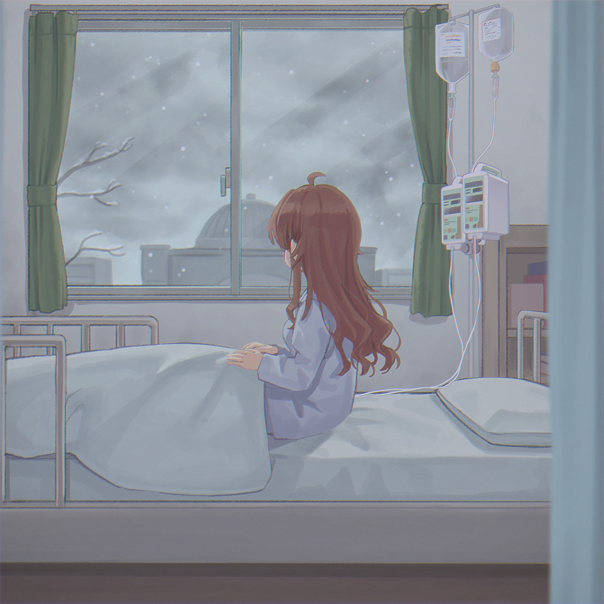 1girl, ahoge, bare_tree, bed, brown_hair, commentary, curtains, duplicate, examination_table, highres, hospital, hospital_bed, intravenous_drip, long_hair, machikado_mazoku, mikazuchi_zeus, pillow, pixel-perfect_duplicate, snow, snowing, solo, tree, window, winter, yoshida_yuuko_(machikado_mazoku)