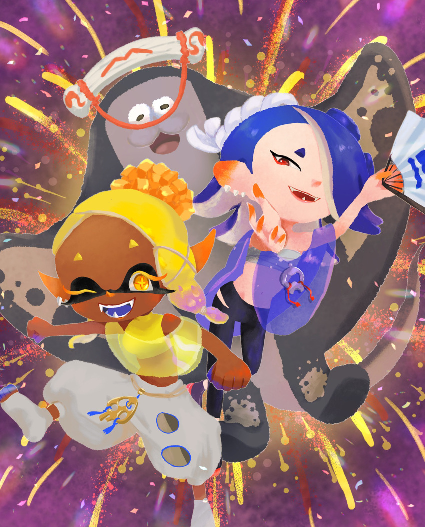 1boy, 1girl, 1other, ;d, big_man_(splatoon), black_pants, blonde_hair, blue_hair, chest_sarashi, clenched_hands, clothing_cutout, colored_eyelashes, colored_skin, colored_tongue, crop_top, cross-shaped_pupils, dark-skinned_female, dark_skin, earrings, fangs, folding_fan, food, food_on_head, forehead, frye_(splatoon), gradient_hair, groin, hachimaki, hair_over_one_eye, hand_fan, harem_pants, headband, highres, holding, holding_fan, jewelry, long_hair, looking_at_viewer, manta_ray, multicolored_hair, multicolored_skin, multiple_earrings, navel, nejiri_hachimaki, object_on_head, one_eye_closed, orange_skin, outstretched_arms, pants, pointy_ears, poncho, purple_hair, purple_skin, purple_tongue, red_eyes, red_pupils, ricco_(pixiv74946264), sarashi, see-through, shiver_(splatoon), sleeveless, smile, socks, splatoon_(series), splatoon_3, teeth, tempura, tentacle_hair, toeless_legwear, turtleneck, turtleneck_crop_top, two-tone_hair, two-tone_skin, white_pants, white_socks, yellow_crop_top, yellow_eyes, yellow_pupils
