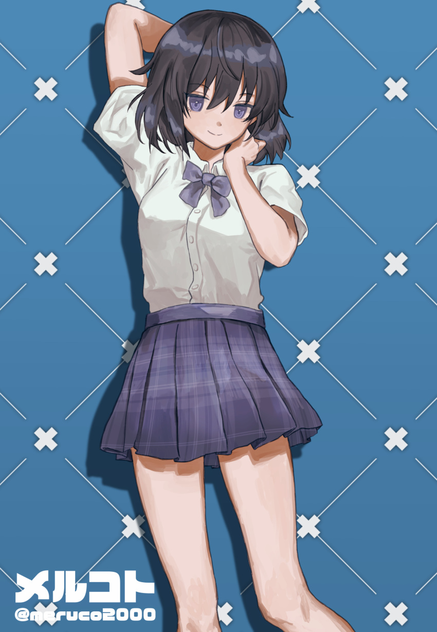 1girl, arm_behind_head, arm_up, black_hair, bow, closed_mouth, hair_between_eyes, highres, merukoodo, original, patterned, patterned_background, plaid, plaid_skirt, purple_bow, purple_skirt, short_hair, skirt, smile, solo, twitter_username, violet_eyes