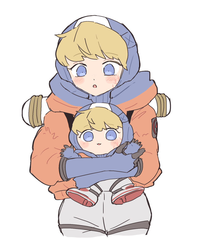 1girl, :o, apex_legends, bangs, blonde_hair, blue_bodysuit, blue_eyes, blue_gloves, blush, bodysuit, burn_scar, character_doll, doll, gloves, highres, holding, holding_doll, hood, hooded_jacket, jacket, lichtenberg_figure, nojima_minami, open_mouth, orange_jacket, ribbed_bodysuit, scar, solo, wattson_(apex_legends), white_background, white_bodysuit