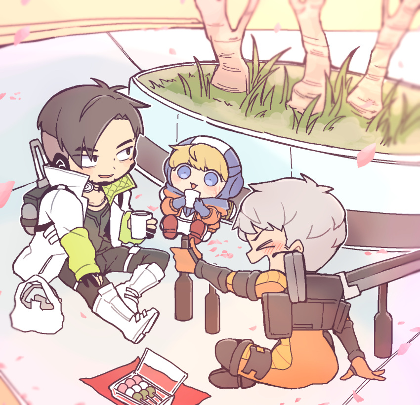 >_<, 1boy, 2girls, animification, apex_legends, black_eyes, black_hair, blonde_hair