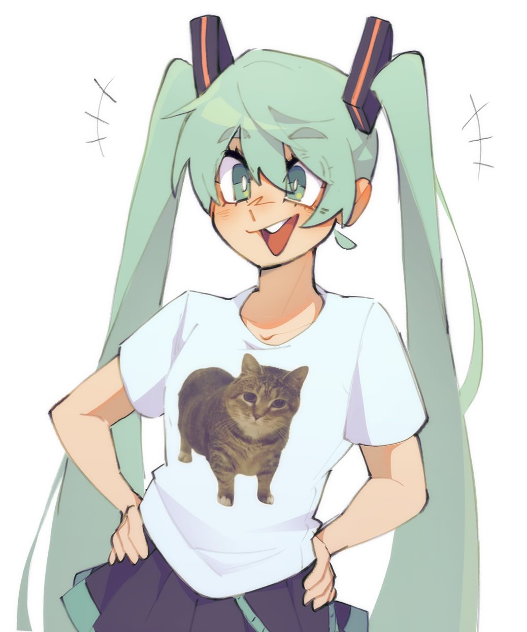 1girl, bangs, black_skirt, bright_pupils, green_eyes, green_hair, hands_on_hips, hatsune_miku