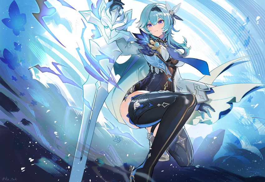 1girl, bangs, black_footwear, black_hairband, black_leotard, blue_cape, blue_gloves, blue_hair