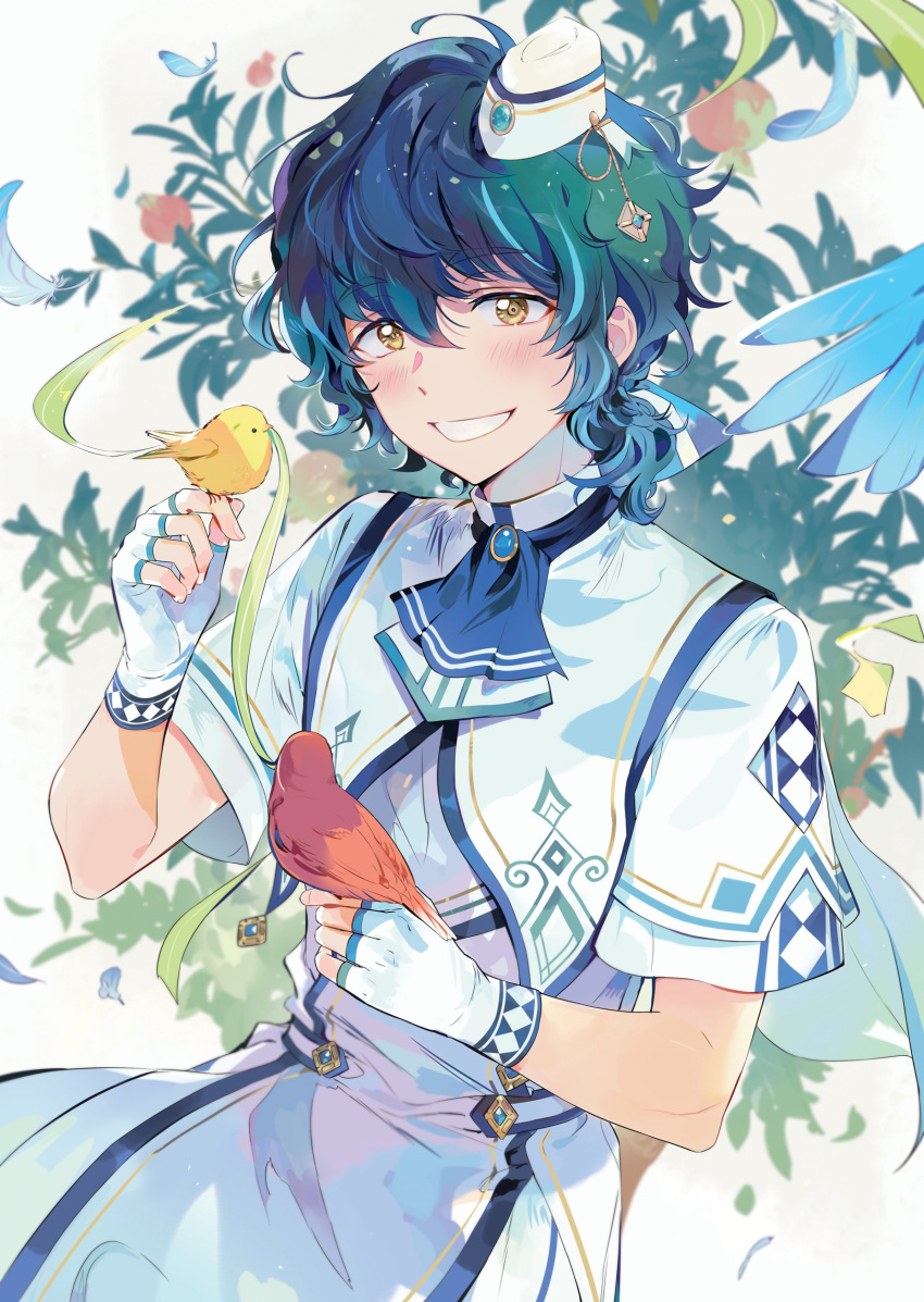 1boy, :d, absurdres, aoba_tsumugi, ascot, bird, bird_on_hand, blue_ascot