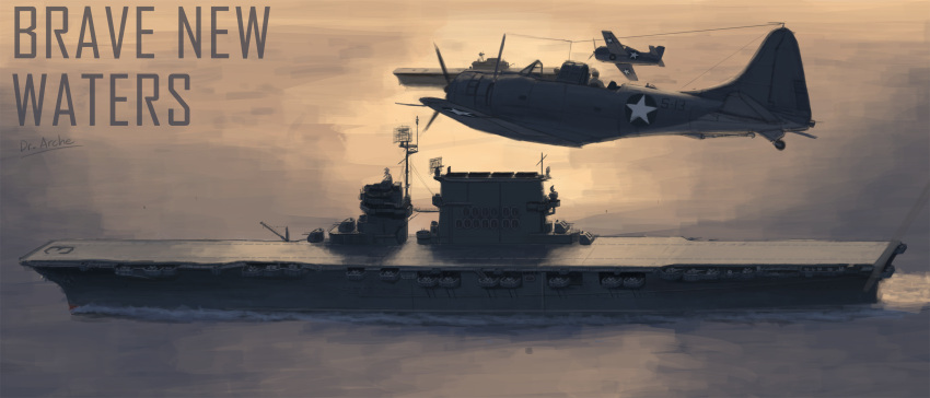 absurdres, aircraft, aircraft_carrier, airplane, antenna_mast, artist_name, dr-arche, english_text