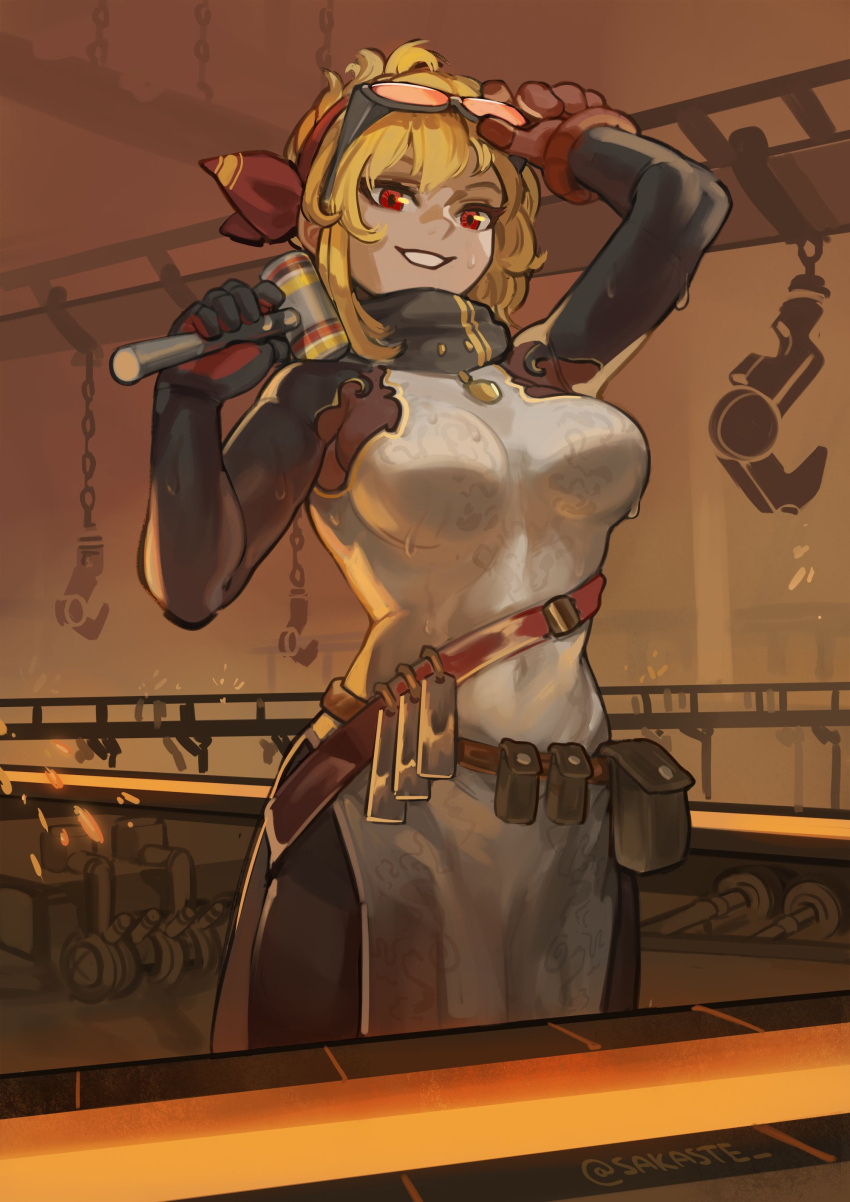 1girl, absurdres, bangs, blacksmith, blonde_hair, dress, earrings, eyewear_on_head, fire, forge, gloves, glowing_hot, hammer, highres, hololive, hololive_indonesia, jewelry, kaela_kovalskia, long_hair, medium_hair, molten_metal, red-tinted_eyewear, red_eyes, sakaste, smile, solo, sunglasses, tinted_eyewear, virtual_youtuber, white_dress