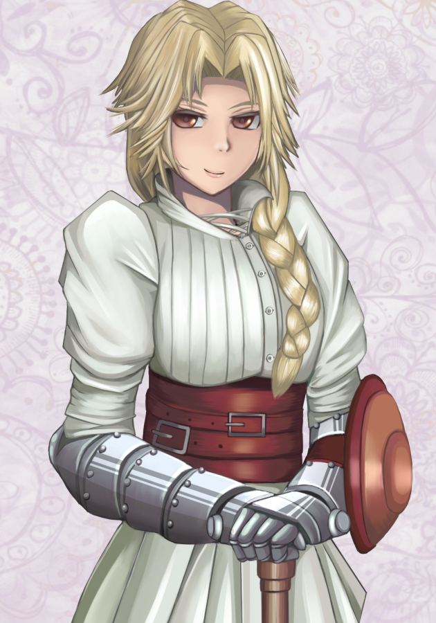 1girl, armor, belt, blonde_hair, braid, breasts, brown_eyes, closed_mouth