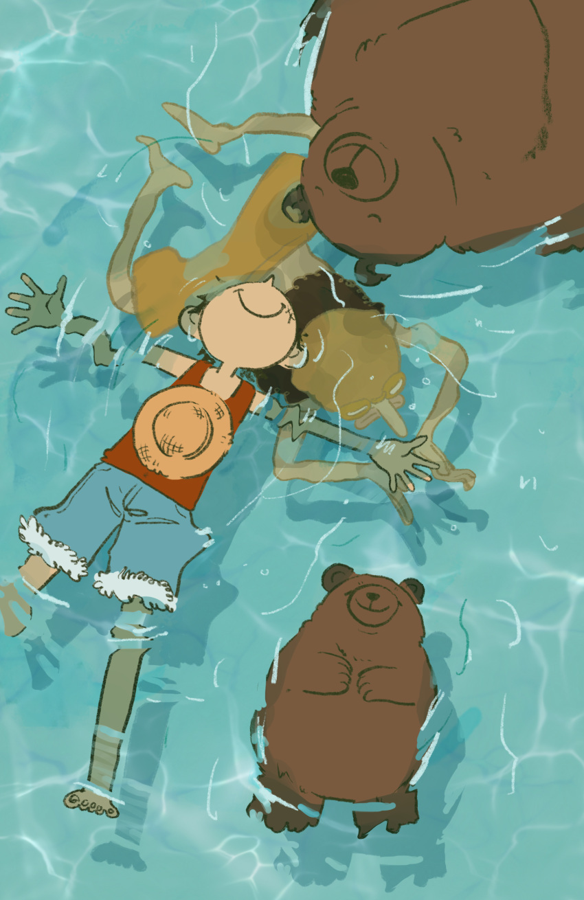 2boys, absurdres, afloat, animal, closed_mouth, fengcheche, hat, hat_removed, headwear_removed, highres, long_nose, monkey_d._luffy, multiple_boys, one_piece, partially_submerged, red_shirt, shirt, smile, straw_hat, swimming, underwater, usopp, water